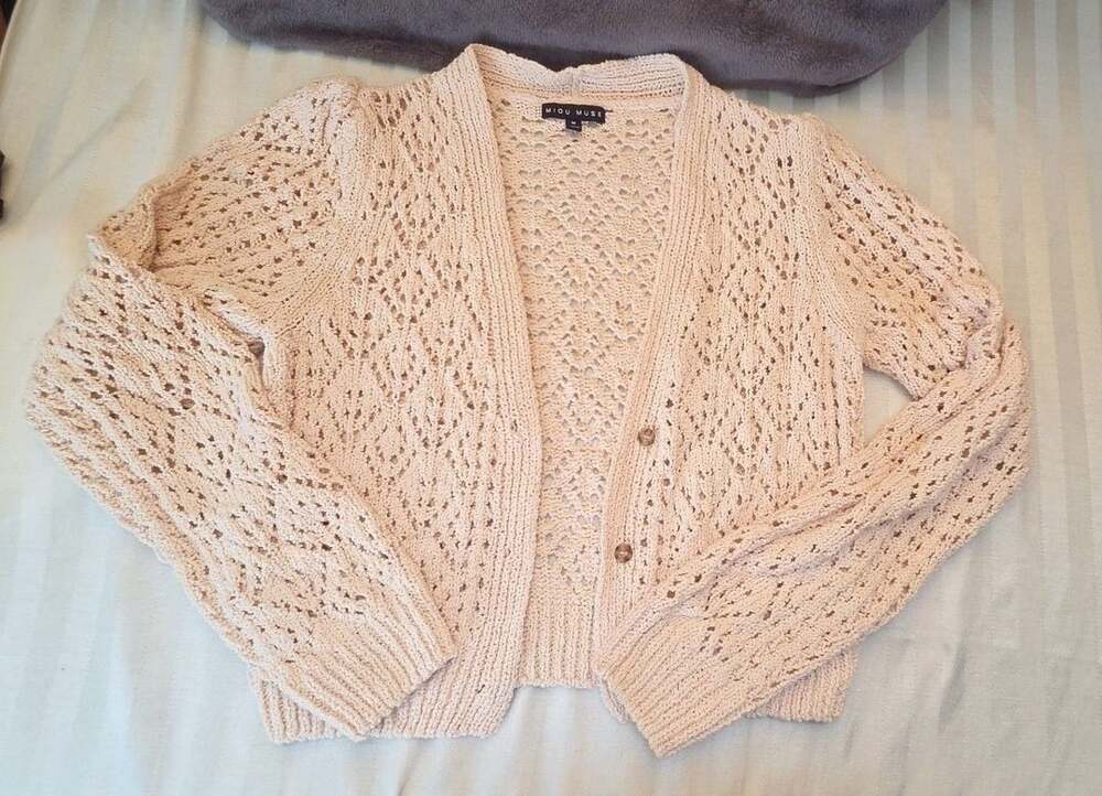 Miou Muse Pointelle Cardigan Size M Beige Knit V-Neck Sweater